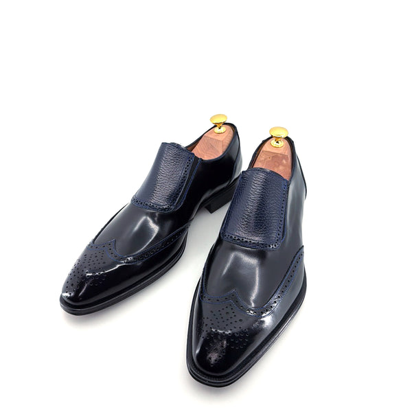 Mezlan Liberty II Shiny Calf Wingtip Medallion Slip On - Blue
