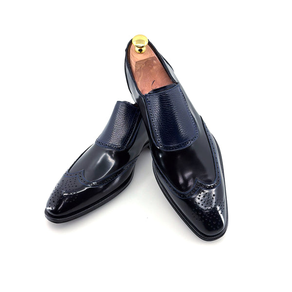 Mezlan Liberty II Shiny Calf Wingtip Medallion Slip On - Blue