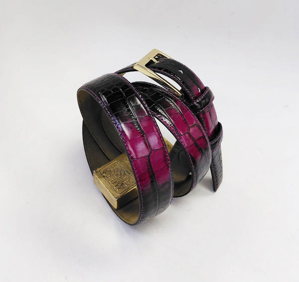 Style: C Collection Croco Print Leather Belt-Fuchsia/Black