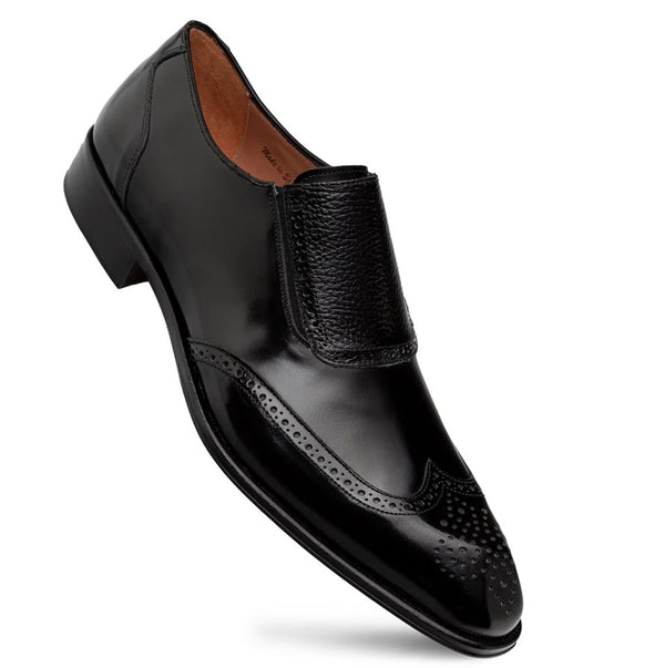 Mezlan Liberty II Shiny Calf Wingtip Medallion Slip On - Black