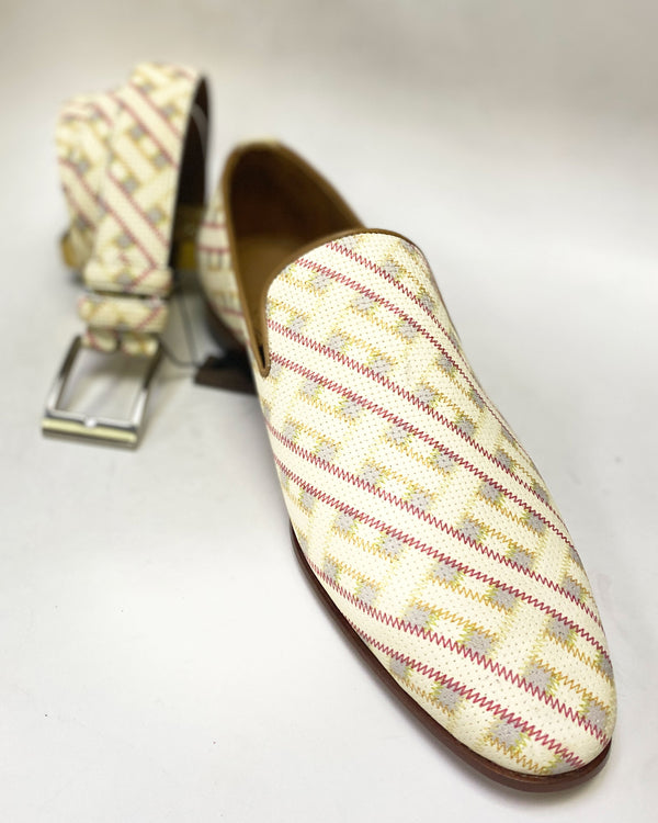 Style: C Collection Straw Printed Leather Belt Beige