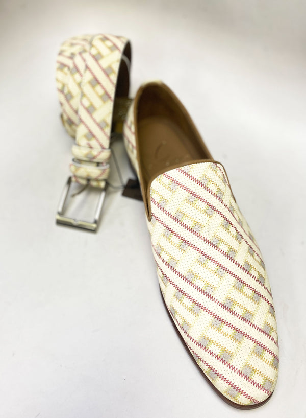 Style: C Collection Straw Printed Leather Belt Beige