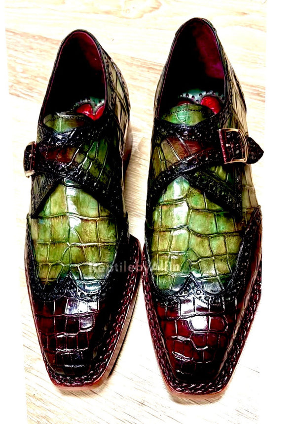 Maurice "Salvatore" Alligator Monkstrap - Burgundy/Greente (Copy)