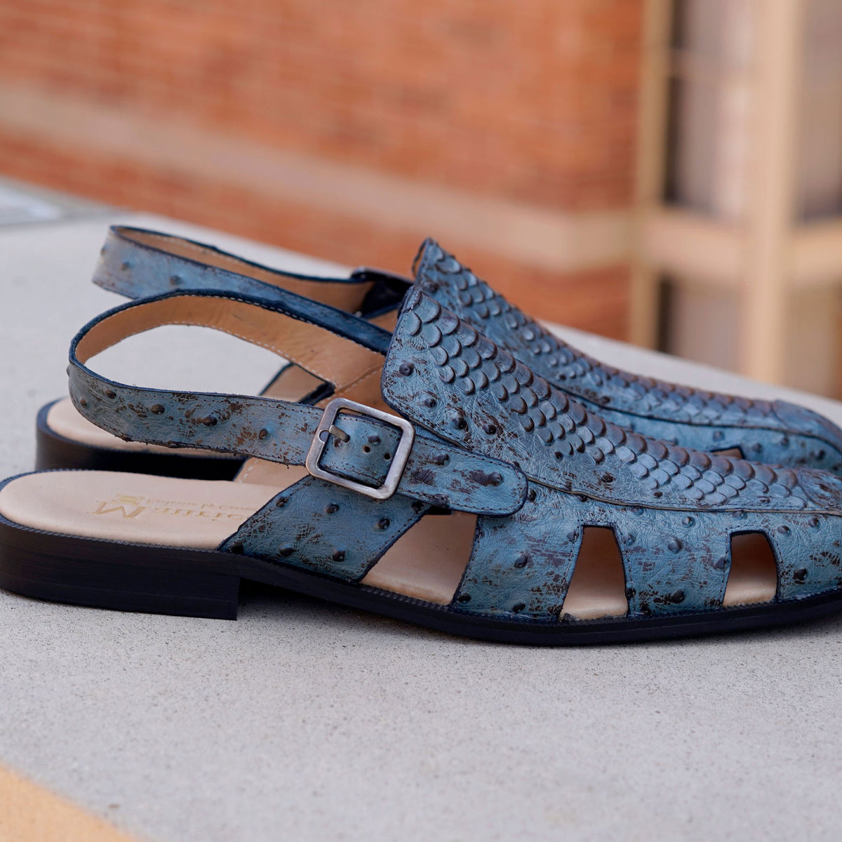 Maurice Embossed Calfskin Slip-On Back-Strap Sandal Blue  display picture 1