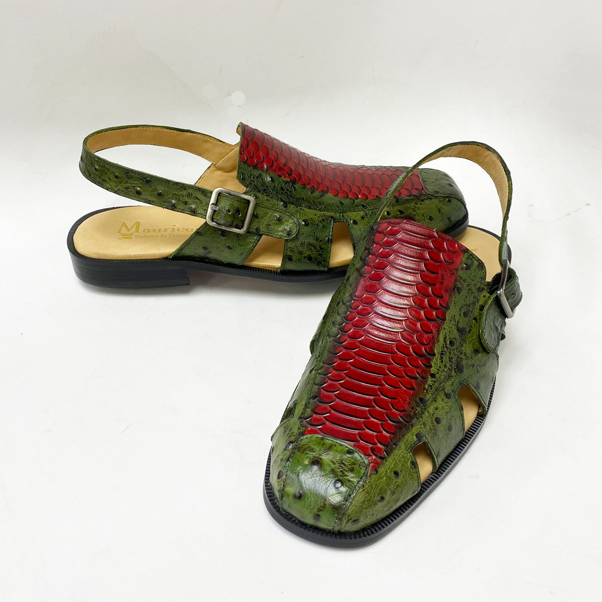 Maurice Embossed Calfskin Slip-On Back-Strap Sandal Green/Red