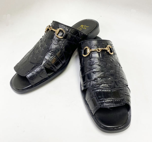 Maurice Embossed Calfskin Slip-On Sandal Black