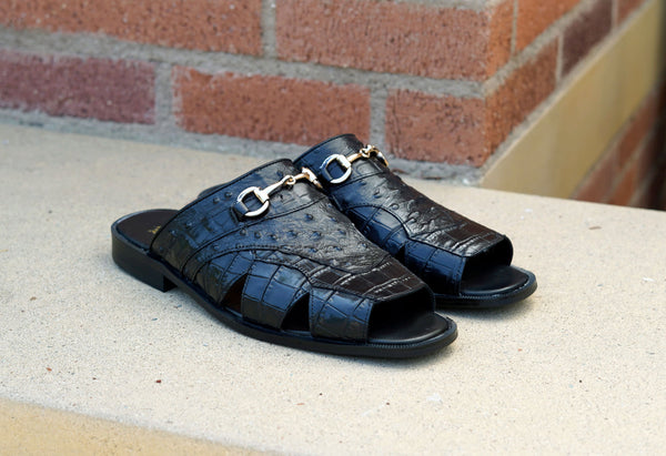 Maurice Embossed Calfskin Slip-On Sandal Black