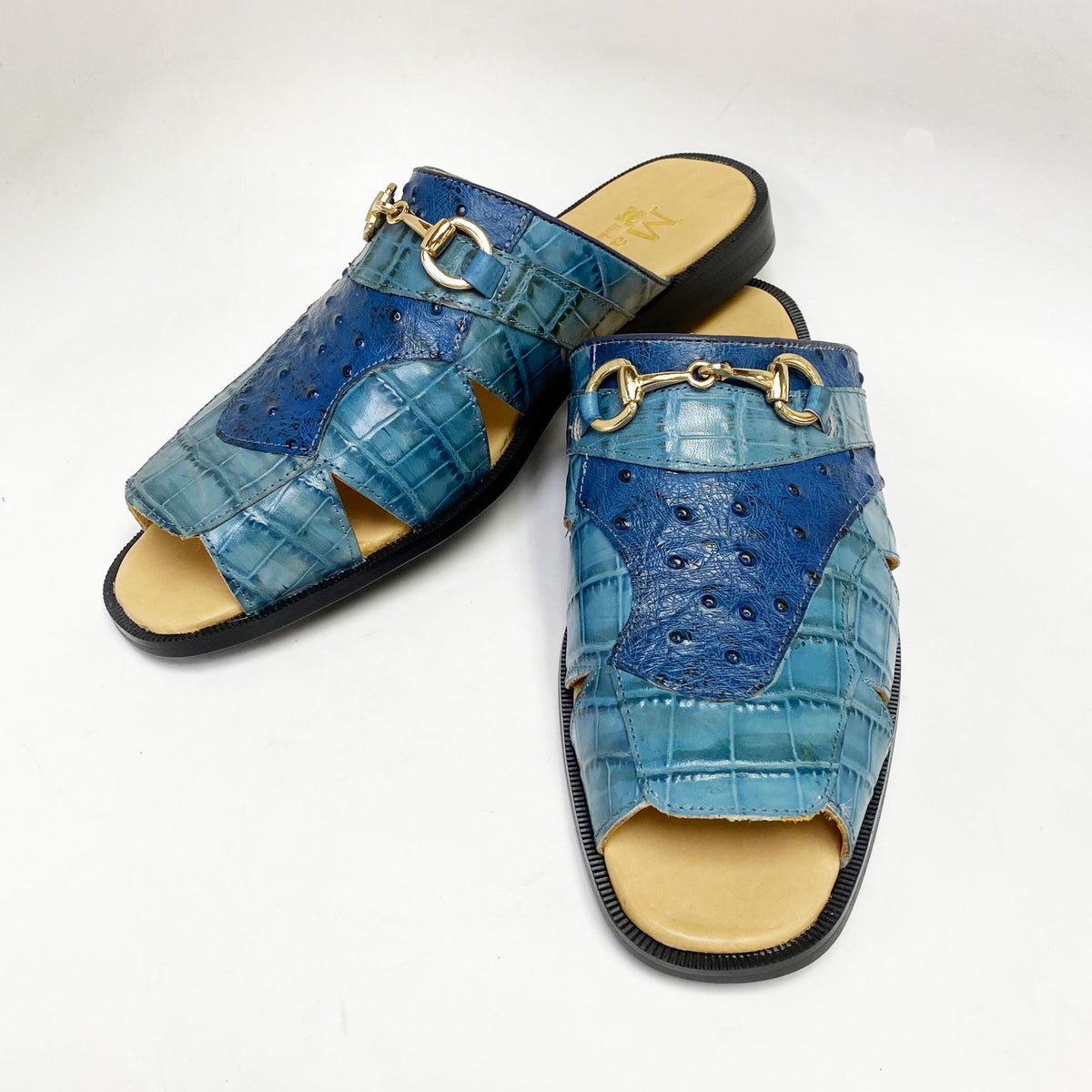 A.Maurice Signature Blue Sandal Slides Maurice Embossed Calfskin Slip-On Back-Strap Sandal Blue  main image 3