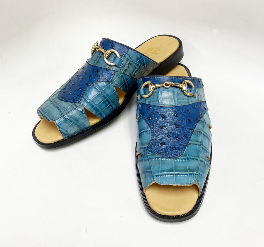 Maurice Embossed Calfskin Slip-On Sandal Sky/Blue
