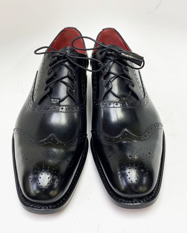 "Stephen" Burnished Calfskin Lace-Up Spectator Oxford Black