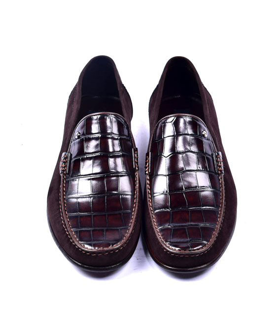 Corrente Crocodile Embossed Calfskin & Suede Loafer Brown