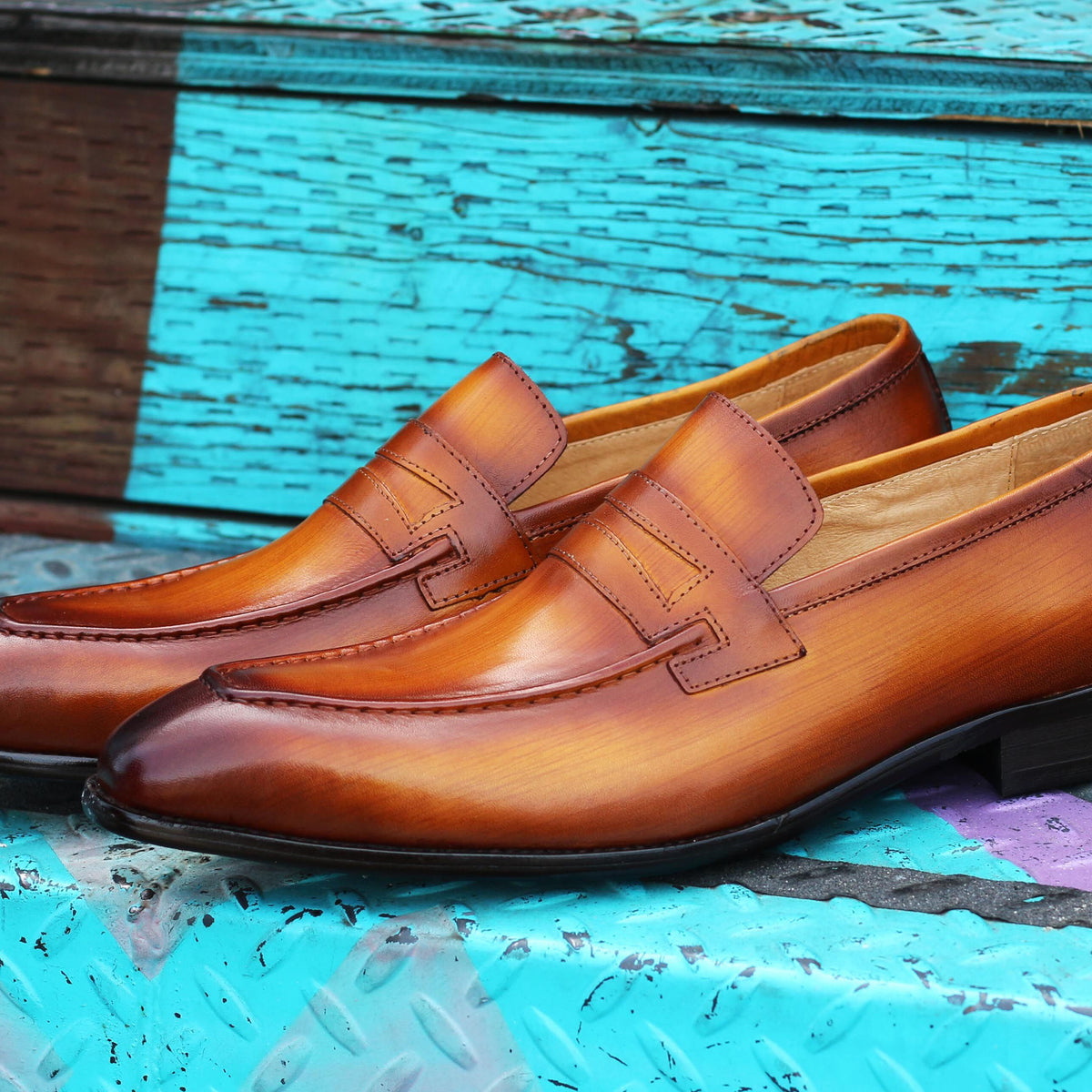 Calfskin Slip-On Penny Loafer Cognac – C&E Fashions display picture 1