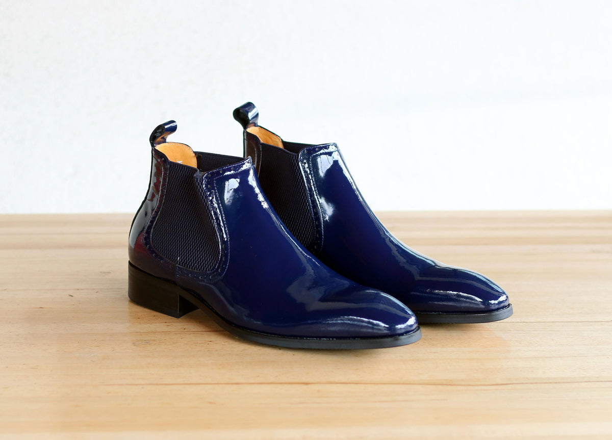 navy blue patent leather boots