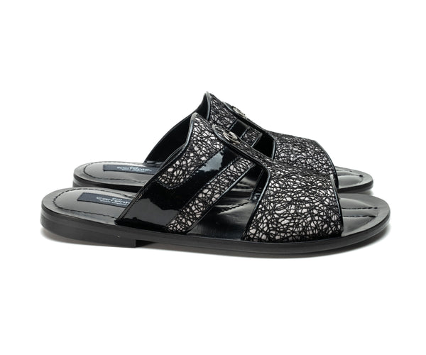 Corrente Linen & Shiny Calfskin Sandal Black