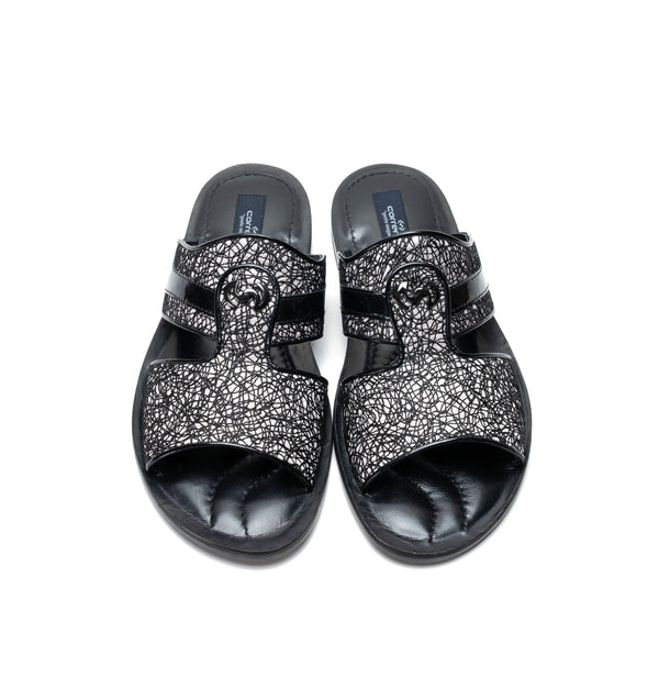 Corrente Linen & Shiny Calfskin Sandal Black