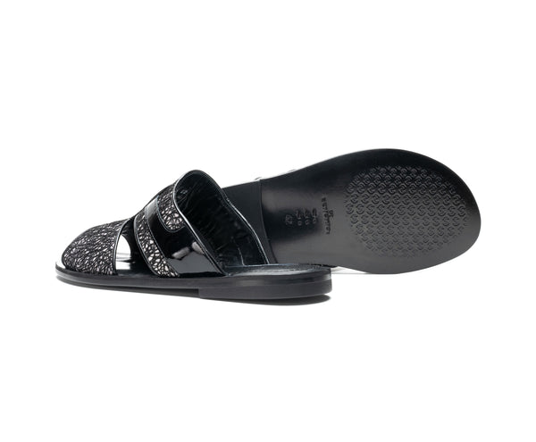 Corrente Linen & Shiny Calfskin Sandal Black