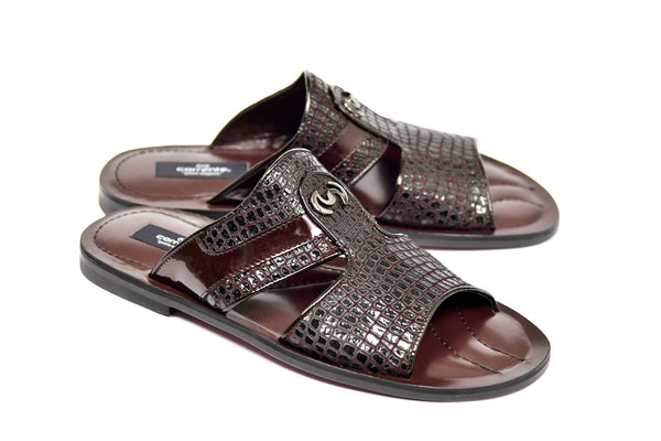 Corrente Crocodile Printed Calfskin Sandal Burgundy