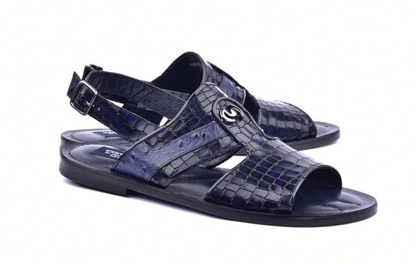 Corrente Crocodile Printed Calfskin Sandal Navy
