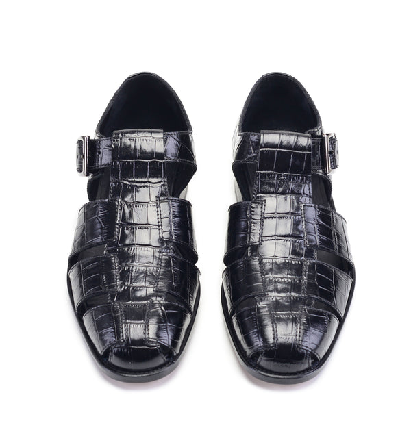 Pelle Crocodile Printed Calfskin Sandal Black