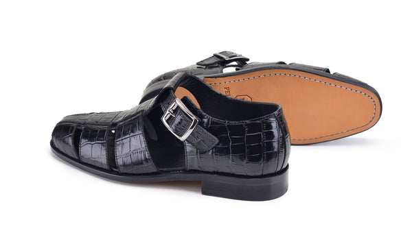 Pelle Crocodile Printed Calfskin Sandal Black