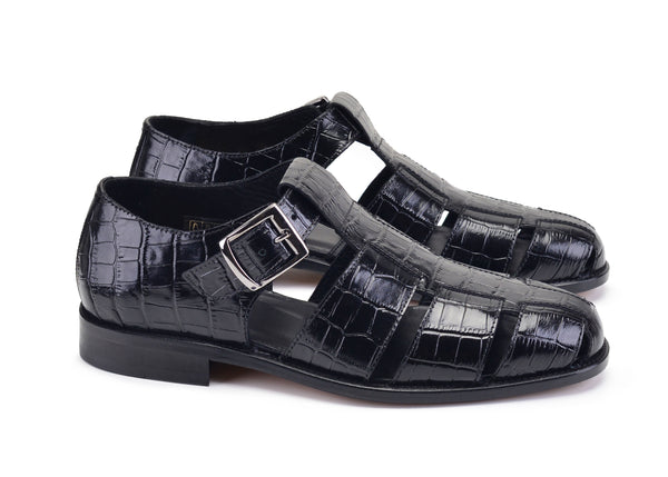 Pelle Crocodile Printed Calfskin Sandal Black