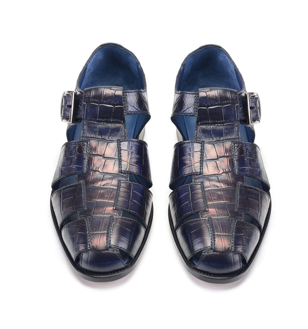 Pelle Crocodile Printed Calfskin Sandal Blue