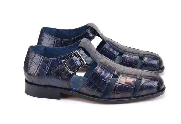 Pelle Crocodile Printed Calfskin Sandal Blue