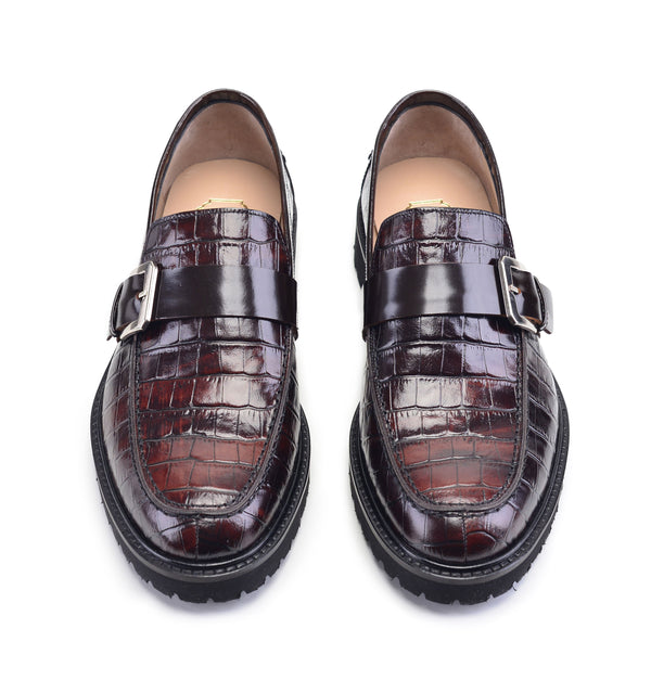 Pelle Crocodile Embossed Calfskin Slip-On Loafer Brown