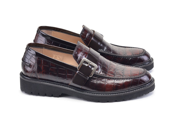 Pelle Crocodile Embossed Calfskin Slip-On Loafer Brown