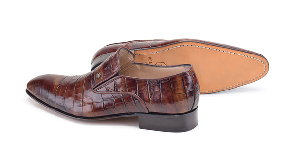 Pelle Crocodile Embossed Calfskin Slip-On Loafer Brown