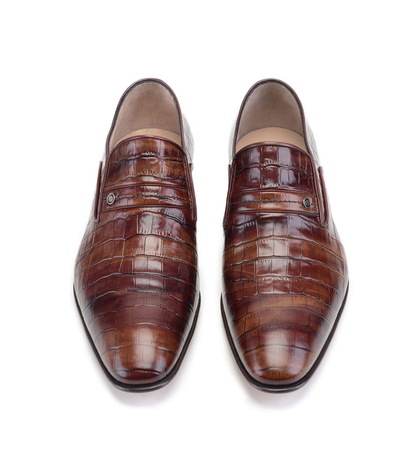 Pelle Crocodile Embossed Calfskin Slip-On Loafer Brown