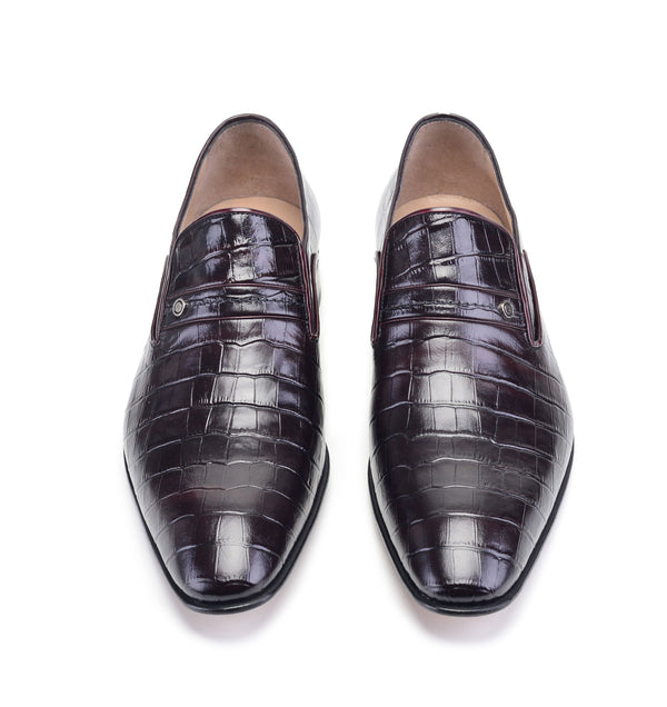 Pelle Crocodile Embossed Calfskin Slip-On Loafer Burgundy
