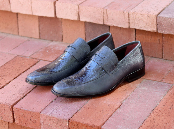 Pelle Exotics Ostrich Slip-On Penny Loafer Grey