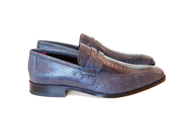 Pelle Exotics Ostrich Slip-On Penny Loafer Grey