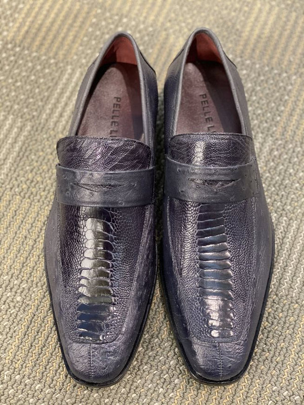 Pelle Exotics Ostrich Slip-On Penny Loafer Grey