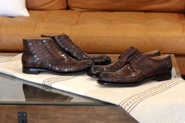 Burnished Alligator Lace-Up Wingtip Boot Brown