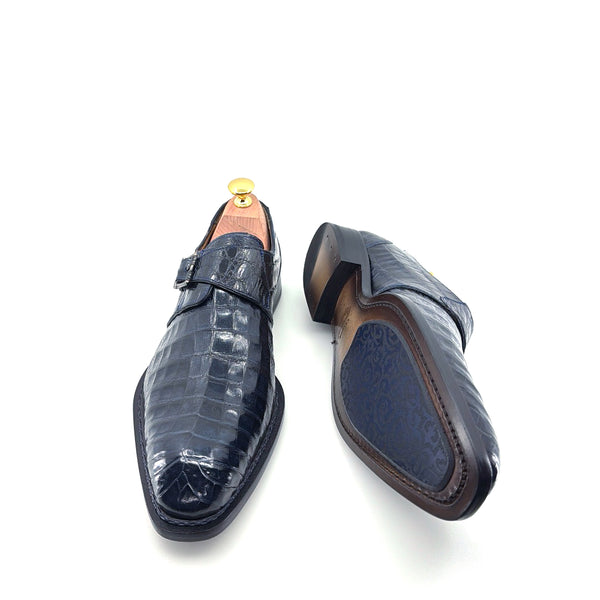Mezlan Gigolo Crocodile Monkstrap - Navy