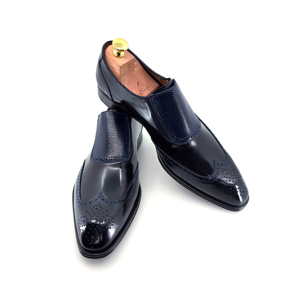 Mezlan Liberty II Shiny Calf Wingtip Medallion Slip On - Blue