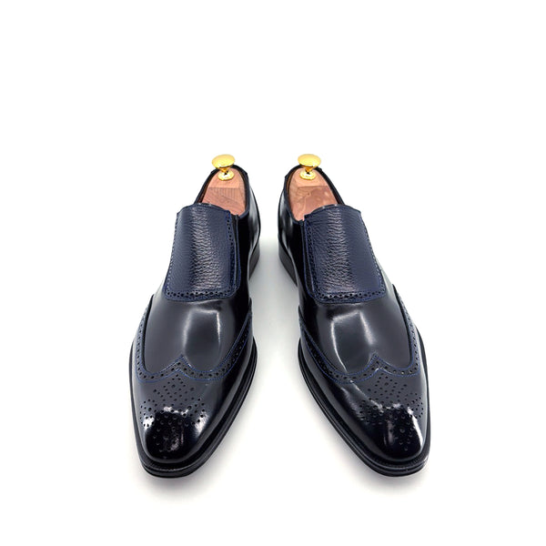 Mezlan Liberty II Shiny Calf Wingtip Medallion Slip On - Blue