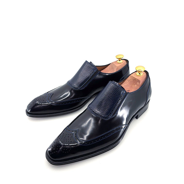 Mezlan Liberty II Shiny Calf Wingtip Medallion Slip On - Blue