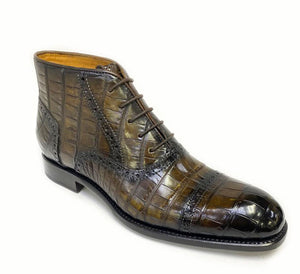 Burnished Alligator Lace-Up Cap-Toe Boot Brown