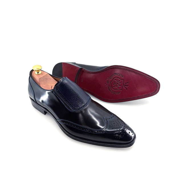 Mezlan Liberty II Shiny Calf Wingtip Medallion Slip On - Blue
