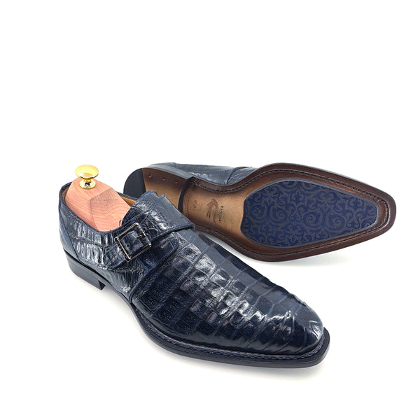 Mezlan Gigolo Crocodile Monkstrap - Navy