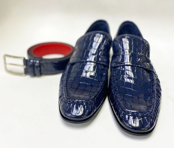 Style: C Collection Croco Embossed Leather Belt Navy