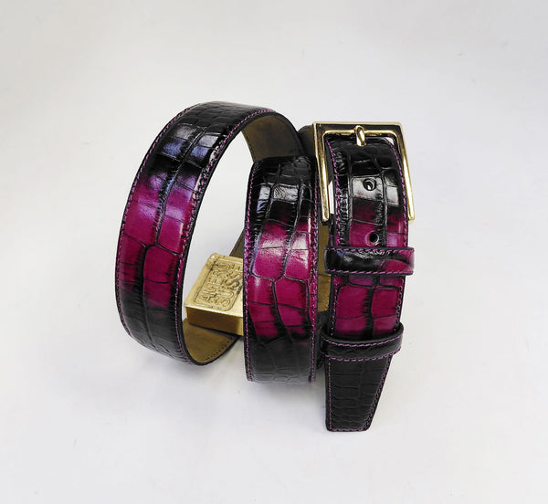 Style: C Collection Croco Print Leather Belt-Fuchsia/Black