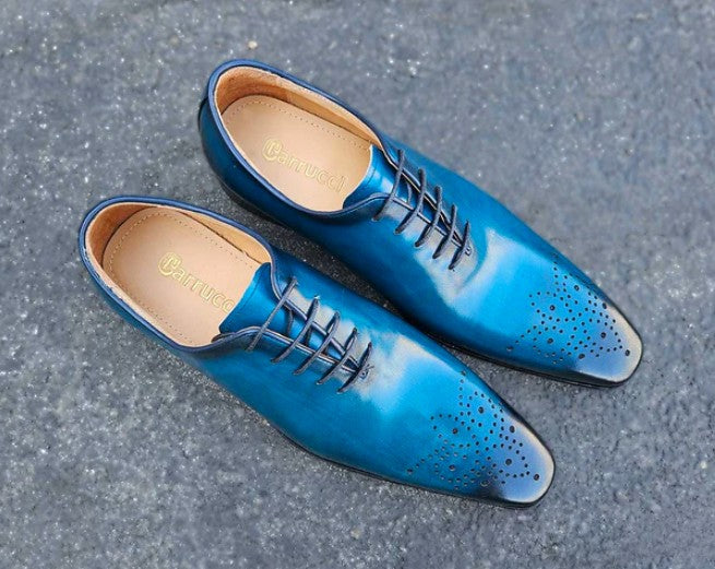 Burnished Calfskin Lace-Up Oxford Ocean Blue