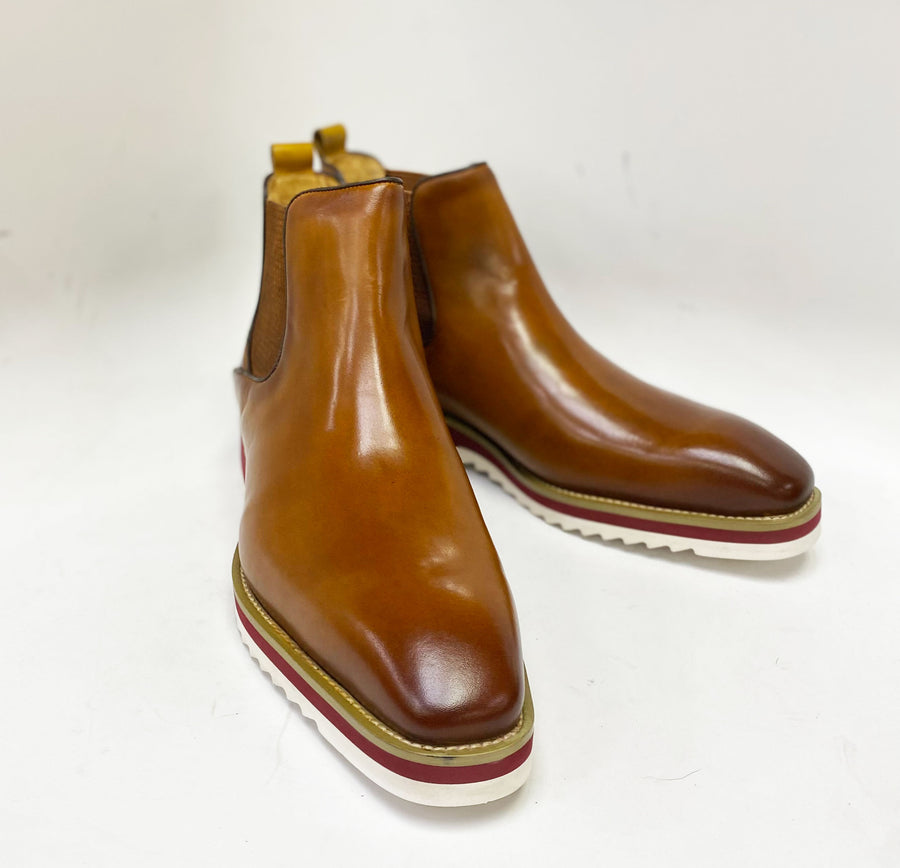 Burnished Calfskin Slip-On Boot Cognac/Red Sole