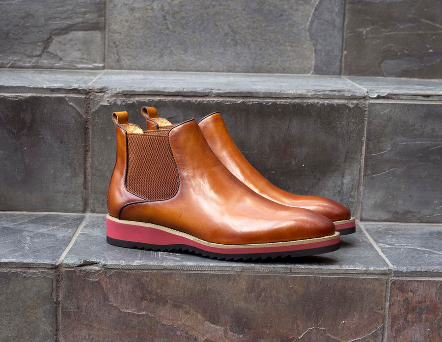 Burnished Calfskin Slip-On Boot Cognac/Red Sole