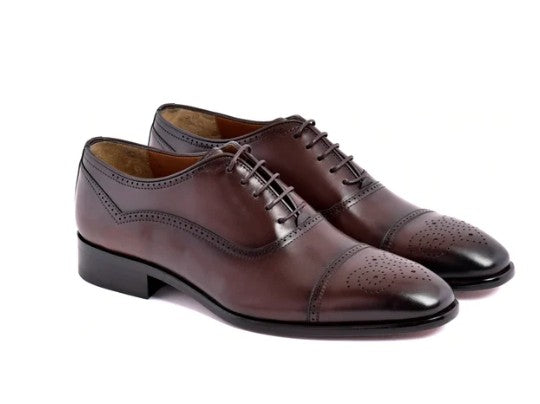 Corrente Perforated Leather Cap Toe Lace Up - Brown