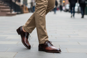 Brown exotic material shoes and beige pants on a blurred city street background